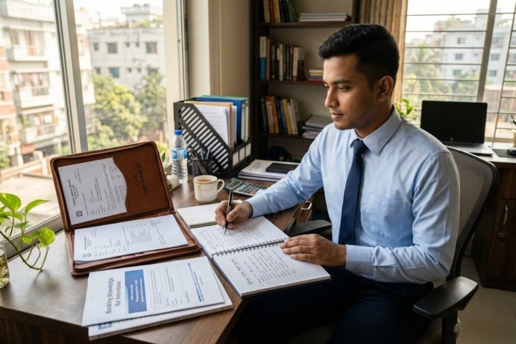 A young Bangladeshi job candidate preparing for a bank viva interview with documents and notes on a desk
