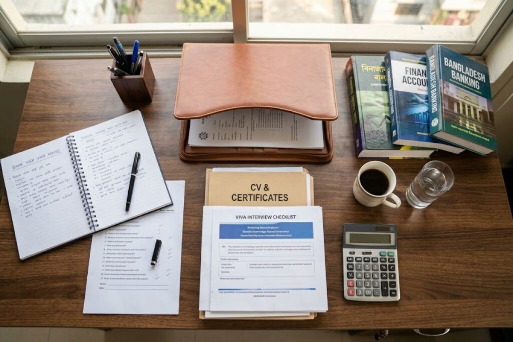 Bank job viva preparation notes with financial books, documents, and handwritten study points