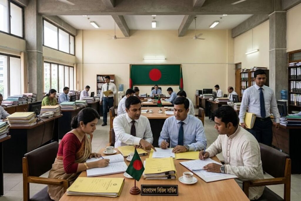 Bangladeshi government officers working in a public administration office representing BCS and government careers