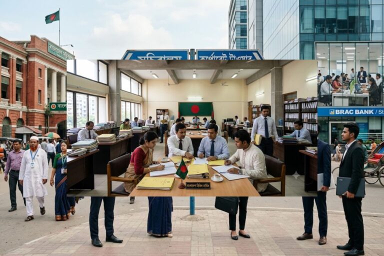 Bangladeshi graduates comparing government and private job opportunities with office buildings representing career choices of Government Job vs Private Job