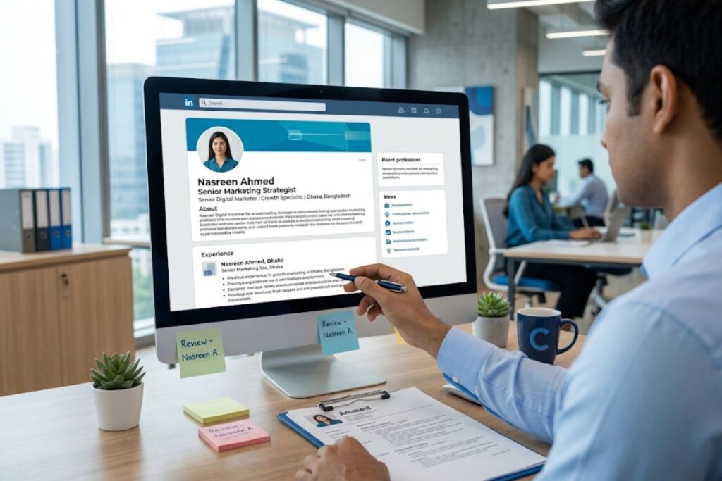 Recruiter reviewing LinkedIn headline and professional summary of Bangladeshi candidate