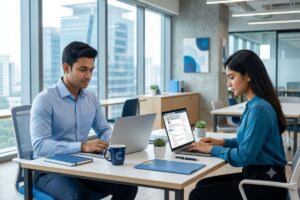 Young Bangladeshi professional performing LinkedIn Profile Optimization on a laptop for corporate and banking jobs