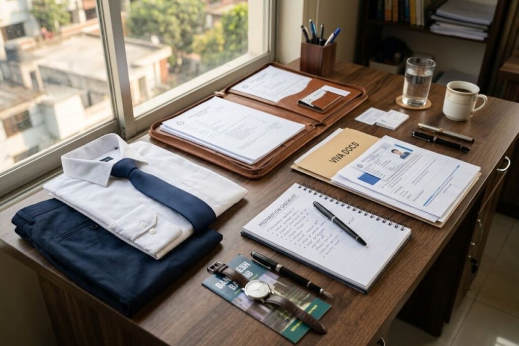 Organized documents and formal clothes prepared before a bank viva interview