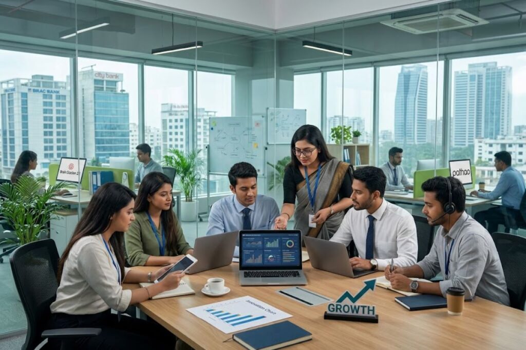Young Bangladeshi professionals working in a modern corporate office representing private sector careers