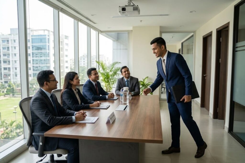 Candidate confidently entering a corporate interview room for a bank viva in Bangladesh