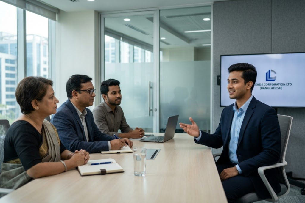 A Bangladeshi candidate confidently giving a self introduction in an interview in front of an HR panel.