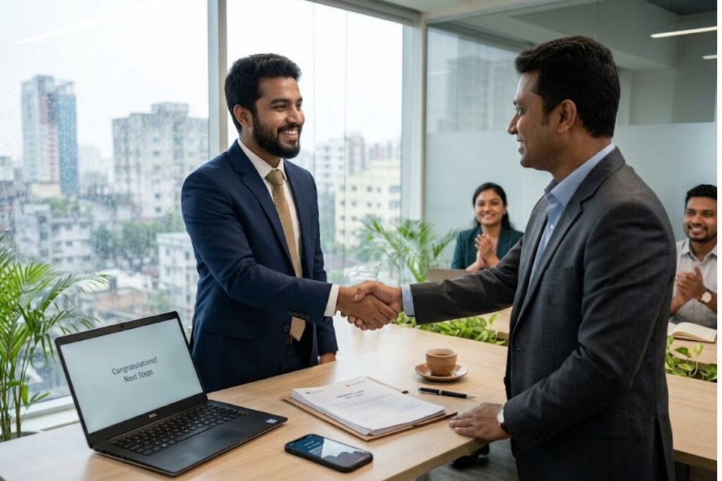 A happy corporate worker celebrating landing a job using top job skills in Bangladesh.