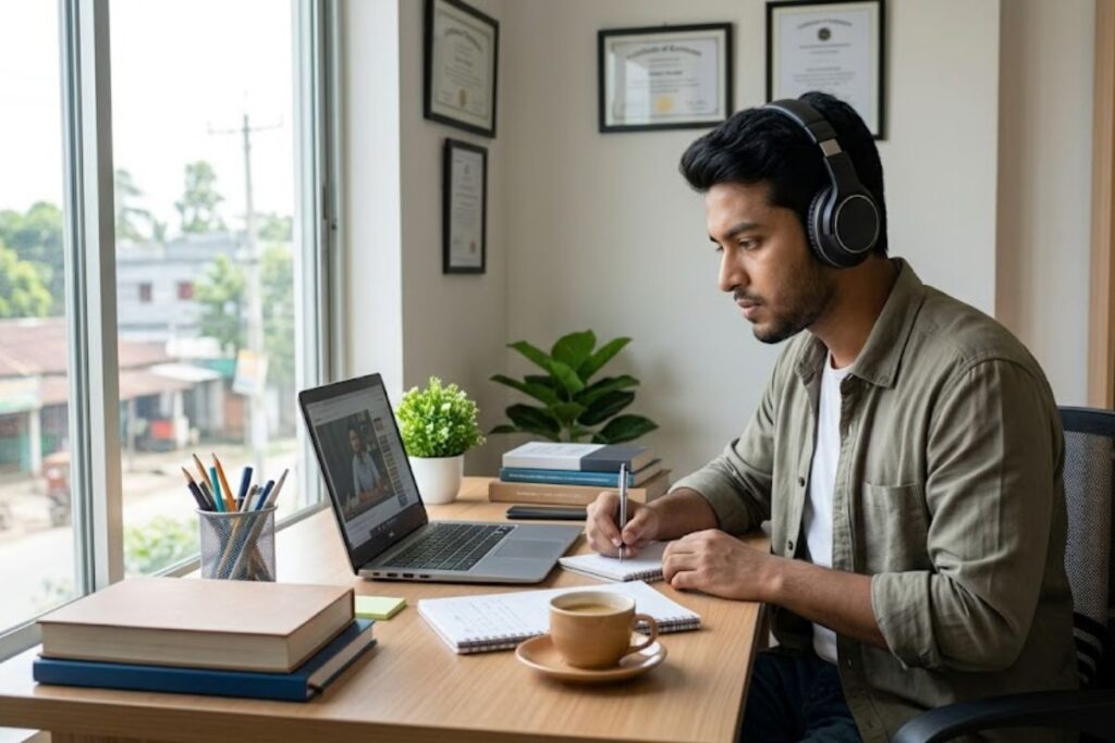 A Bangladeshi student taking an online course to improve their skills for a job application.