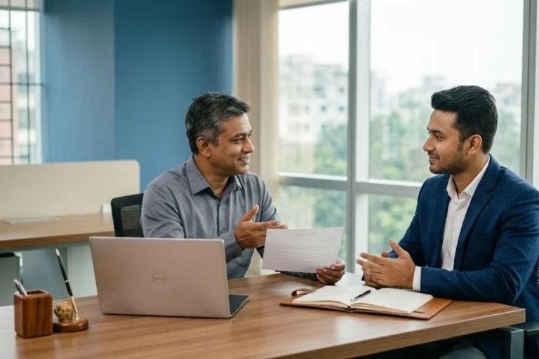 Bangladeshi professional negotiating salary with an HR manager after receiving a job offer