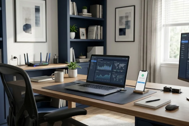 Secure home office for remote work with laptop, MFA security key, and protected network